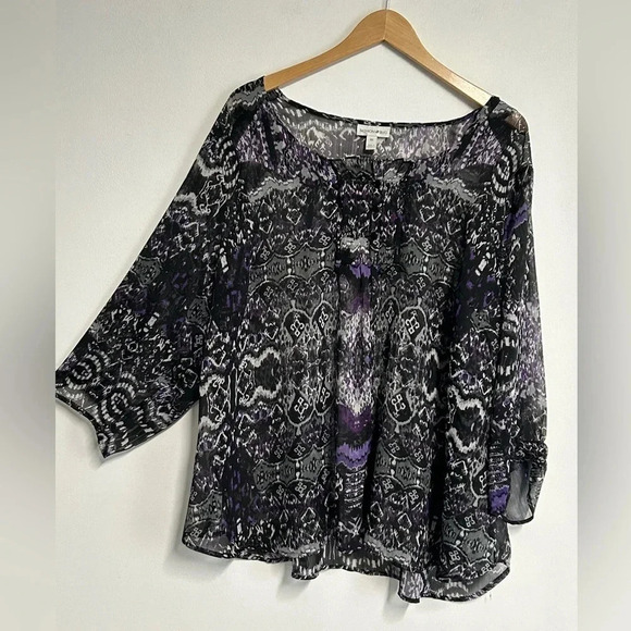 Women’s 3X SHEER Blouse Gray Purple Pleat Ruffle Long Sleeve Whimsigoth - Picture 4 of 15